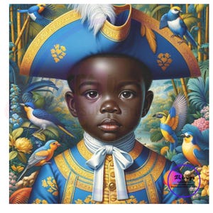 May include: A young boy with dark skin wears a blue and gold uniform with a white bow tie. He is wearing a blue and gold hat with a feather. The background is a lush green forest with colorful birds.