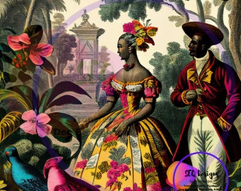 May include: A colourful illustration depicting a couple in a tropical garden setting. The woman is wearing a yellow and pink dress with a floral pattern. The man is wearing a red and white jacket with a white shirt and black trousers. The background features lush greenery, flowers, and a stone archway.