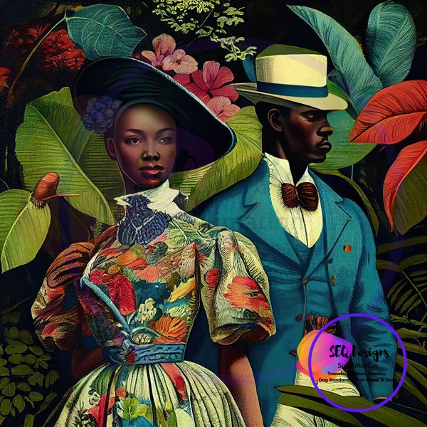Fabric Block Beautiful Black Vintage Toile African American Couple Colorful Setting One Of A Kind Unique Design Block Sewing