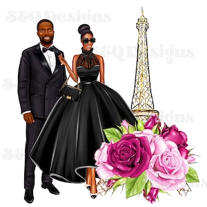 Fabric Block African American Couple In Paris Eiffel Tower Flowers Panel