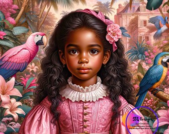 Fabric Block Pink Princess Black Girl Vintage Style Toile Tropical Setting One Of A Kind Unique Design Block Sewing