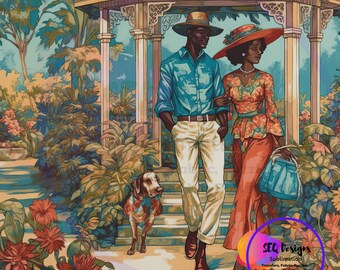 May include: A couple in colourful clothing walk through a lush garden with a dog. The couple are walking towards a gazebo with a yellow roof. The man is wearing a blue shirt, beige trousers, and a brown hat. The woman is wearing a red hat, a floral dress, and a blue handbag. The dog is brown and white and is walking behind the couple.