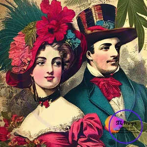 Fabric Block Beautiful Toile Vintage Style  Couple Colorful Setting One Of A Kind Unique Design Block Sewing