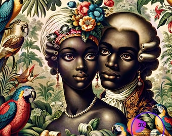 May include: A painting depicting a couple, a woman adorned with a floral crown and a man wearing a powdered wig, both with dark complexions. They are surrounded by vibrant green foliage and colourful birds.