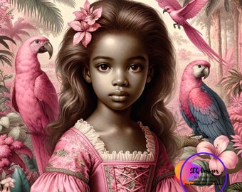 Fabric Block Pink Princess In Sepia Black Girl Vintage Style Toile Tropical Setting One Of A Kind Unique Design Block Sewing