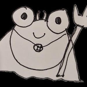 May include: A black and white cartoon illustration of a creature with large eyes, a small mouth, and a three-pronged fork.