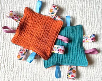 Cotton Gauze Baby Tag Toy | Sensory Lovey with Ribbons
