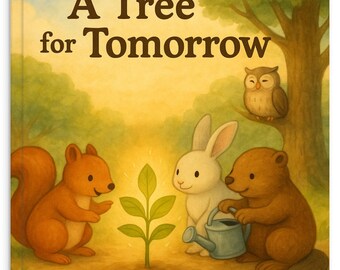 May include: A children's book cover titled "A Tree for Tomorrow" features a vibrant illustration. A squirrel, rabbit, and beaver surround a young tree. An owl perches in a tree in the background. The color palette includes greens, browns, and yellows.