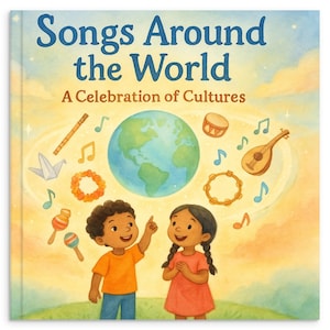 Könnte beinhalten: Kinderbuchcover mit dem Titel "Songs Around the World: A Celebration of Cultures". Die Illustration zeigt zwei Kinder, Musikinstrumente und einen Globus. Der Hintergrund ist ein weicher, farbenfroher Himmel.