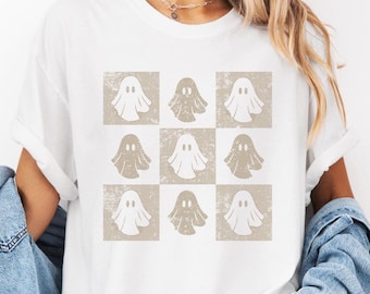 Comfort Colors Checkered Ghost Shirt Cute Halloween Ghost T-Shirt Trendy Fall Vibes Spooky Season Tee Neutral Retro Distressed Oversized Tee