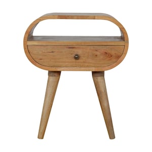 Mid-Century Round Open Nightstand with Drawer. Oak Finish Solid Wood Nightstand. Space Saving Bedside Table. Elegant Nightstand For Bedroom.