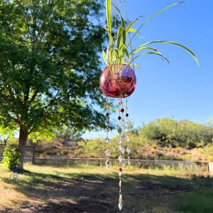 May include: A spherical purple glass hanging planter containing a green spider plant. The planter is suspended by thin metal chains and features dangling strands of clear, brown, and colorful beads, ending in a small mushroom-shaped charm.