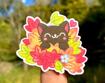 HAND-CUT Autumn Cat Fall Leaf Pile Furry Kitten Sticker Made by Jenksto