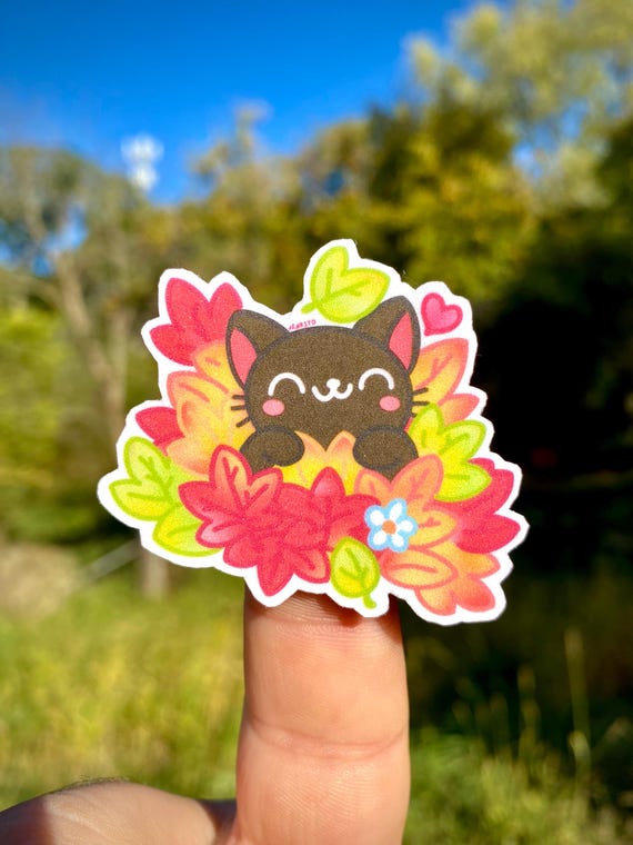 Autumn Cat Fall Leaf Pile Furry Kitten Sticker Made by Jenksto