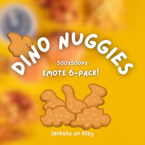 Puede incluir: Un conjunto de seis emojis animados de 500x500 píxeles que representan nuggets de pollo con forma de dinosaurio de dibujos animados. El texto "Dino Nuggiges" está escrito en blanco, con una fuente redondeada y un contorno amarillo. El texto "EMOTE 6-PACK!" está escrito en blanco debajo del título. El texto "Jenksto on Etsy" está escrito en blanco en la parte inferior de la imagen.
