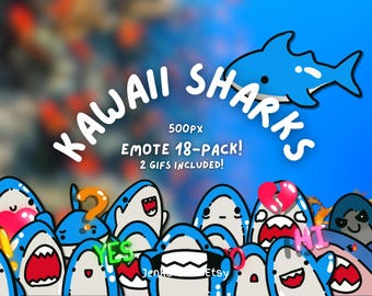 Cute Shark Emotes Bundle Kawaii Emoji Twitch Discord Digital Emote Made by Jenksto (18-Pack)