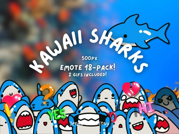 Cute Shark Emotes Bundle Kawaii Emoji Twitch Discord Digital Emote Made by Jenksto (18-Pack)