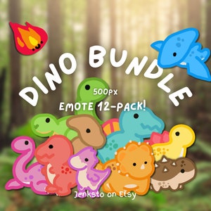 Puede incluir: Un conjunto de 12 emoticonos de dinosaurios de dibujos animados, cada uno con un color y una expresión diferentes. Los emoticonos tienen 500 píxeles de tamaño y son perfectos para agregar un toque divertido y juguetón a tus comunicaciones en línea. El texto "Dino Bundle Emote 12-Pack!" está escrito en blanco sobre un fondo verde.