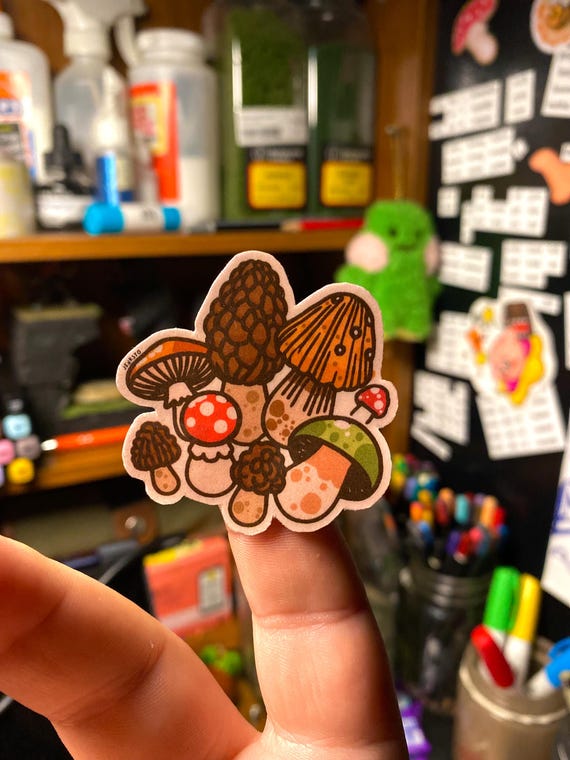 HAND-CUT Cute Mushroom Sticker Fantasy Fungi Stickers Made by Jenksto