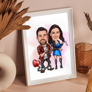 May include: A cartoon illustration of a couple in love, with the man wearing a red and black plaid shirt and the woman wearing a blue dress and a black leather jacket. They are chained together with a heart-shaped padlock, symbolizing their bond.