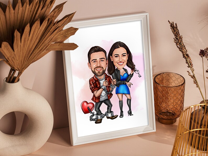 May include: A cartoon illustration of a couple in love, with the man wearing a red and black plaid shirt and the woman wearing a blue dress and a black leather jacket. They are chained together with a heart-shaped padlock, symbolizing their bond.