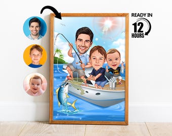Custom Fisher Dad and Two Son Cartoon Portrait,  Fisher Dad Portrait, Fisher Cartoon, Fisher Dad Caricature, Gift for Dad -221