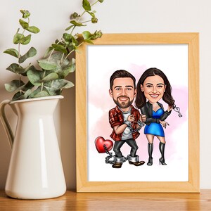 May include: A cartoon caricature of a couple in love, chained together with a red heart. The woman is holding a key in her hand. The image is set against a pink background.