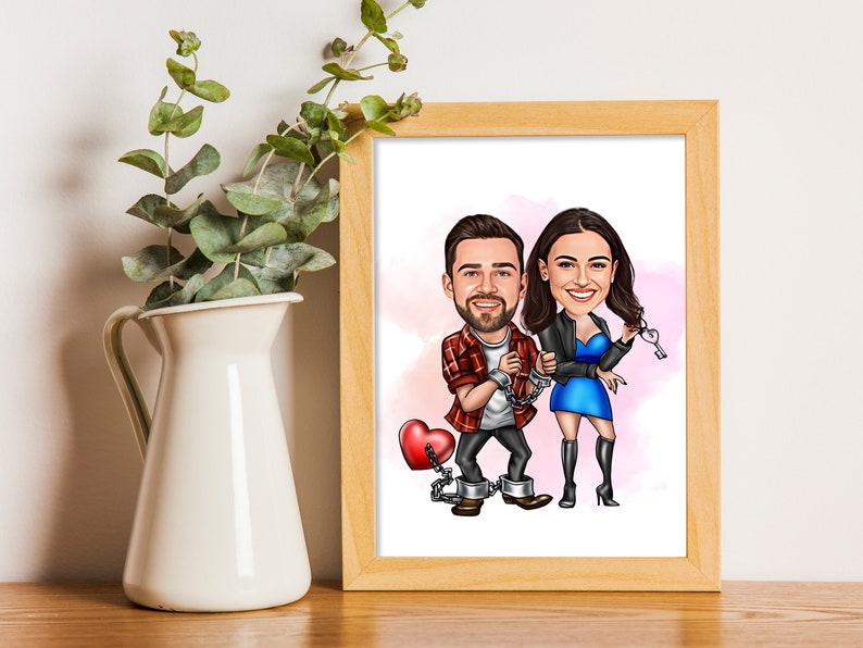 May include: A cartoon caricature of a couple in love, chained together with a red heart. The woman is holding a key in her hand. The image is set against a pink background.