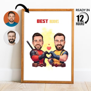 Custom Superhero Cartoon Portrait, Custom friend Superhero Caricature Drawing from Photo, Funny Best Friends Caricature, Gift for Friend -97