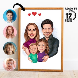 Ritratto di famiglia personalizzato, ritratto di famiglia personalizzato, ritratto di famiglia personalizzato, regalo per la famiglia, caricatura da foto, famiglia di 4 -215