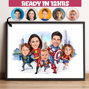 Retrato personalizado de dibujos animados familiares de superhéroes, retrato familiar personalizado, caricatura familiar personalizada, regalo para la familia, caricatura de superhéroe -43