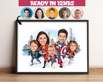 Custom Superhero Family Cartoon Portrait, Custom Family Portrait,Personalized Family Caricature,Gift for Family,Superhero Caricature -43