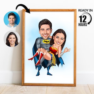 Benutzerdefinierte Superhelden Paar Cartoon Porträt, personalisierte Paar Porträt, Paar Karikatur, Superheld Paar, Valentinstag Karikatur -143