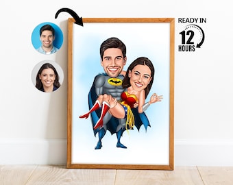 Custom Superheroes Couple Cartoon Portrait, Personalized Couple Portrait,Couple Caricature,Superhero Couple, Valentine's Day Caricature -143