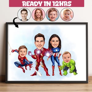 Custom Superhero Family Cartoon Portrait, Custom Family Portrait,Personalized Family Caricature,Gift for Family,Superhero Caricature -99
