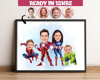 Custom Superhero Family Cartoon Portrait, Custom Family Portrait,Personalized Family Caricature,Gift for Family,Superhero Caricature -99