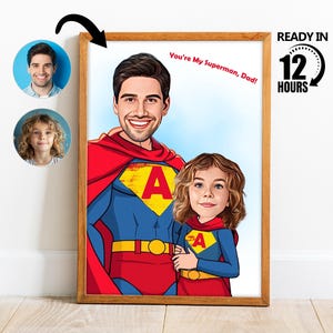 Benutzerdefinierte Super Dad und Tochter Cartoon Portrait, Super Dad Portrait, Papas Geschenk, Super Dad Karikatur, Superhelden-Karikatur, Geschenk -228