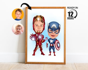 Custom Super Brothers Cartoon Portrait, Custom Brothers Caricature from Photo, Funny Brothers Caricature, Gift for Child, Twins Cartoon -42