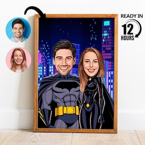 Benutzerdefinierte Superhelden Paar Cartoon Porträt, personalisierte Paar Porträt, Paar Karikatur, Superheld Paar, Valentinstag Karikatur -205