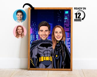 Custom Superheroes Couple Cartoon Portrait, Personalized Couple Portrait,Couple Caricature,Superhero Couple, Valentine's Day Caricature -205