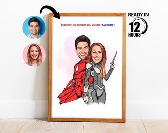 Custom Superheroes Couple Cartoon Portrait, Personalized Couple Portrait,Couple Caricature,Superhero Couple, Valentine's Day Caricature -206