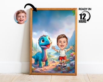 Custom Boy with Dinosaur Caricature, Funny Boy Caricature, Boy with Dinosaurs Portrait, Gift for Son, Boy Cartoon, Dinosaur Lover Gift -53