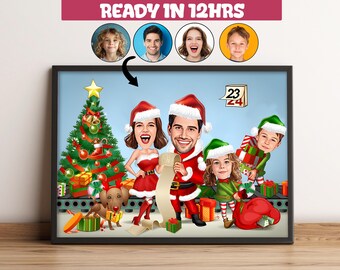 Aangepaste kerst cartoonportret, familieportret, gepersonaliseerde familiekarikatuur, kerstkaarten, kerstmis, vrolijk kerstcadeau -2