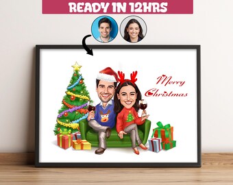 Custom Christmas Cartoon Portrait, Couple Portrait, Couple Caricature,Christmas Cards,Custom New Year,Christmas Gift,New Year Gift
