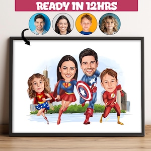 Retrato familiar de superhéroes personalizado, caricatura de superhéroes personalizada, regalo para la familia, caricatura de superhéroes -142
