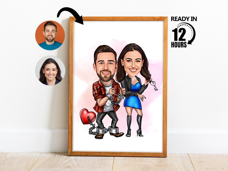 May include: A cartoon caricature of a couple, a man and a woman, with a red heart and chains. The man is wearing a red and black plaid shirt and the woman is wearing a blue dress. The text "READY IN 12 HOURS" is in the upper right corner of the image.