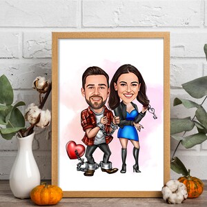 May include: A caricature illustration of a couple in love. The man is wearing a red and black plaid shirt and the woman is wearing a blue dress. They are connected by a chain and a red heart.