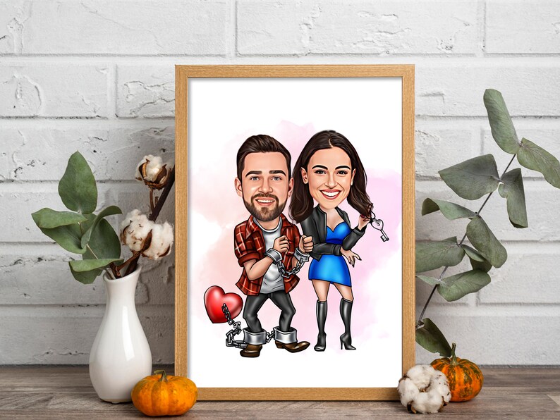 May include: A caricature illustration of a couple in love. The man is wearing a red and black plaid shirt and the woman is wearing a blue dress. They are connected by a chain and a red heart.