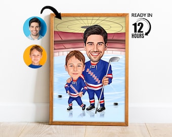 Custom Ice Hockey Players Dad and son Cartoon Portrait, Ice Hockey Caricature, Hockey Gift, Hockey Cartoon,Hockey Portrait -220