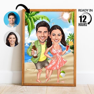Aangepaste cartoonportret paar, gepersonaliseerde cartoon vakantie paar, karikatuur strandpaar, cadeau voor stel, vakantieportret -113